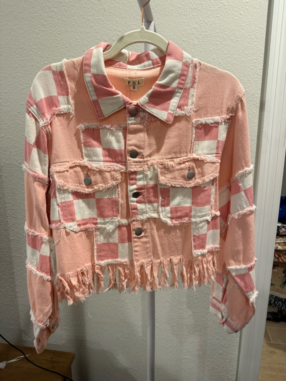 POL Pink & White Distressed Checkered Crop Jean Jacket